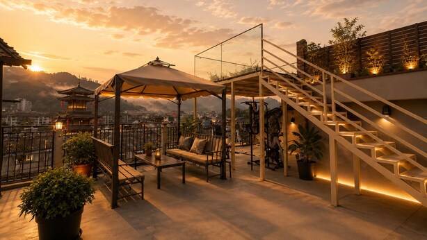 A rooftop terrace with a covered seating area, a staircase, and a view of the cityscape. - Han Exotic inn (Zhangjiajie)