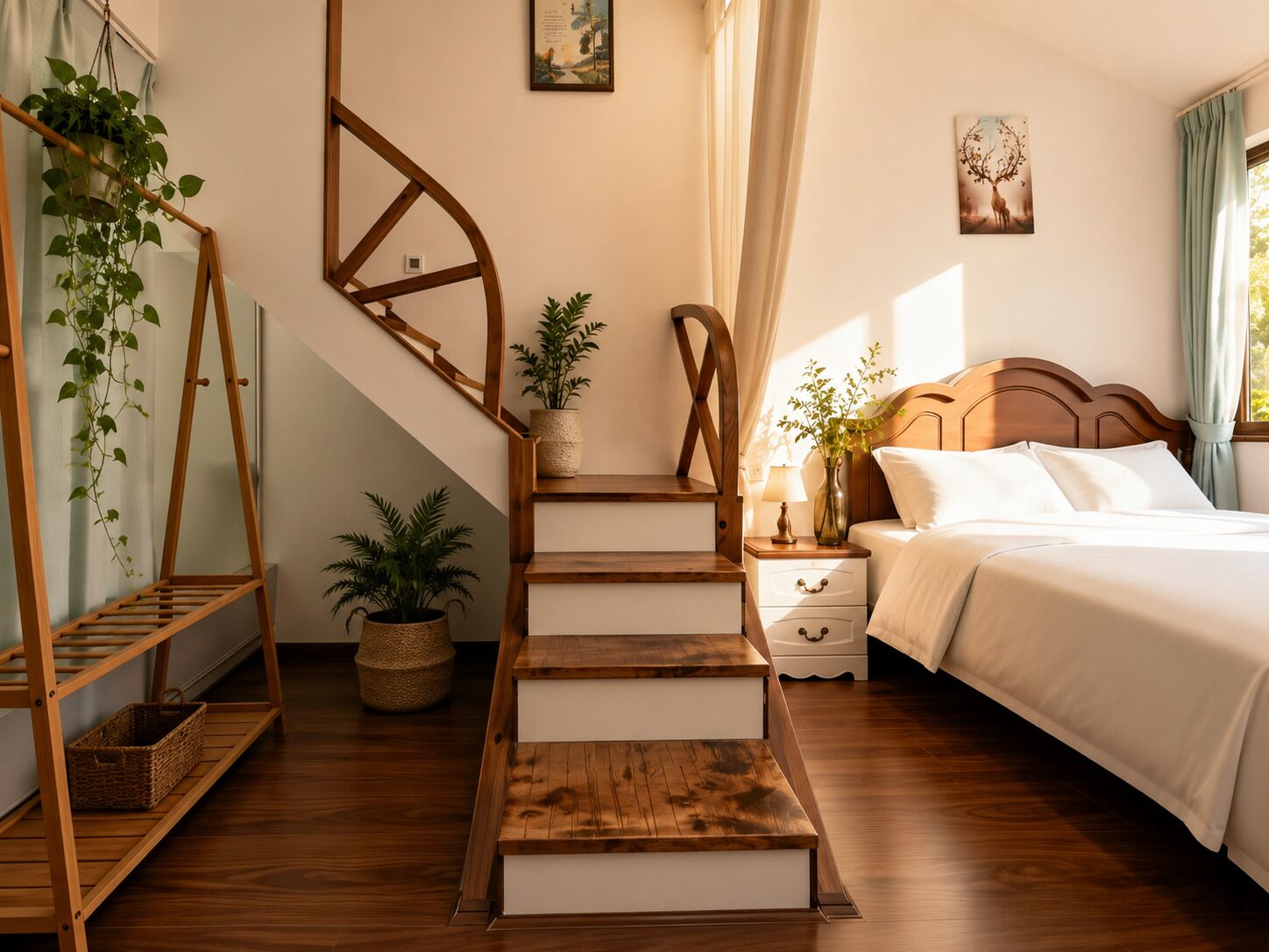 A bedroom with a wooden staircase, a bed with white bedding, a nightstand with a lamp, and a wall-mounted picture.
