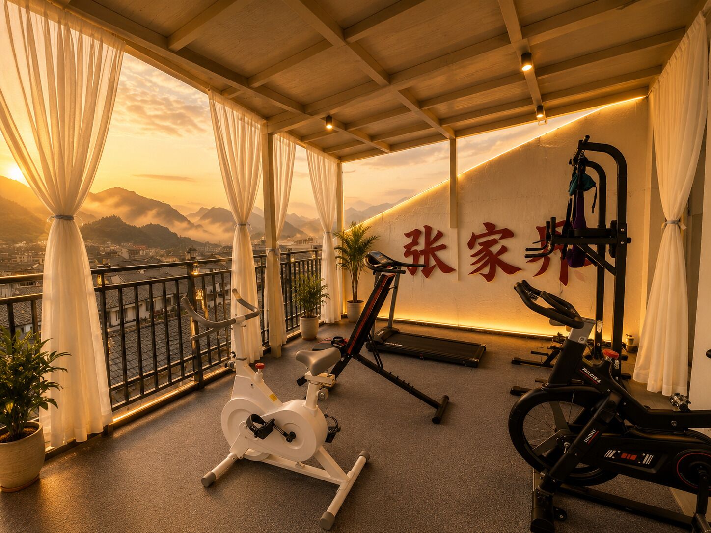 A balcony with exercise equipment, a wall with Chinese characters, and a view of mountains.
