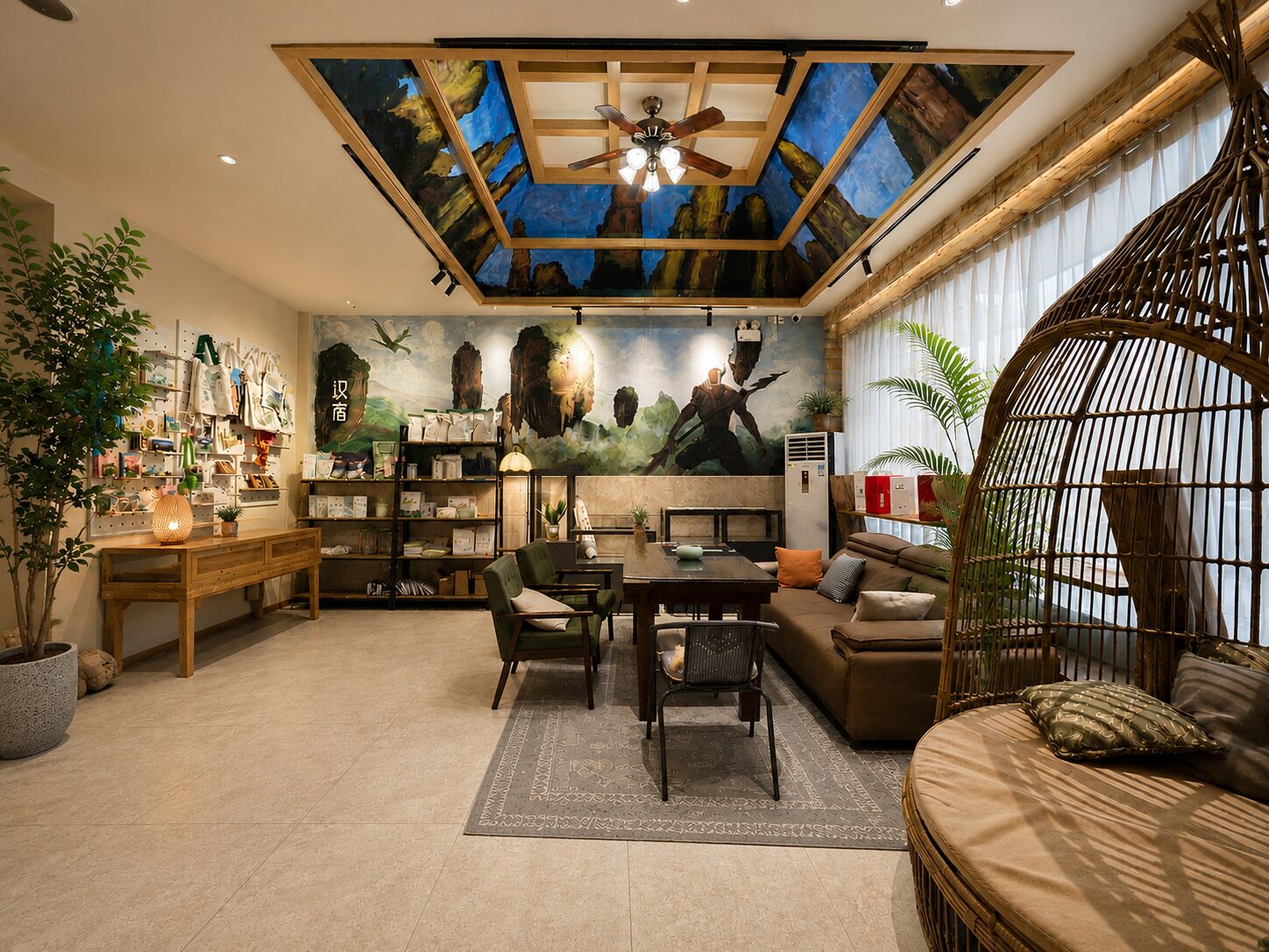 A cozy living room with a high ceiling, a dining area, and a comfortable seating area.