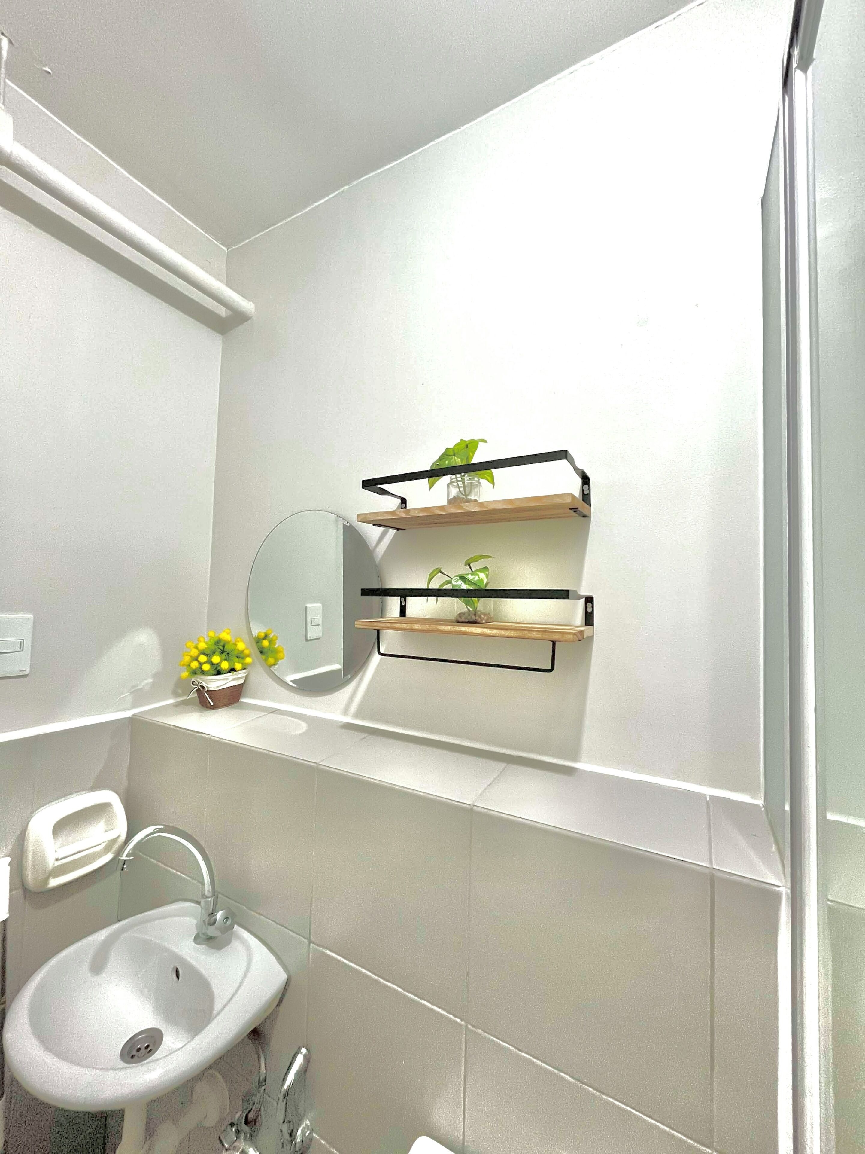 Un bagno con lavandino bianco, uno specchio e due mensole con piante.