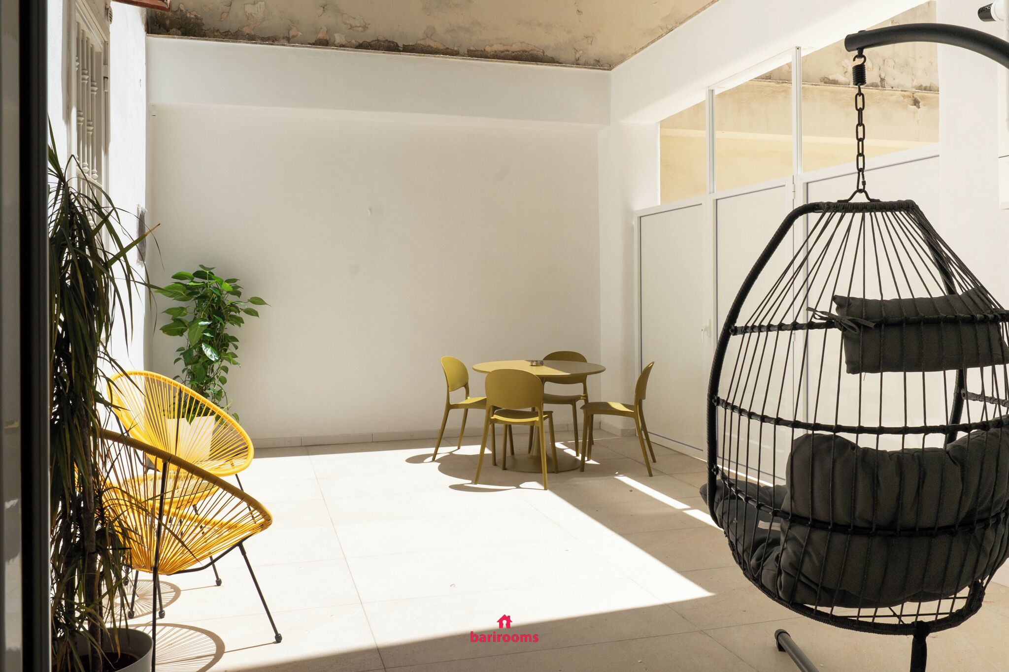 Quarto com cadeira suspensa, cadeiras amarelas, uma mesa e um vaso de planta.