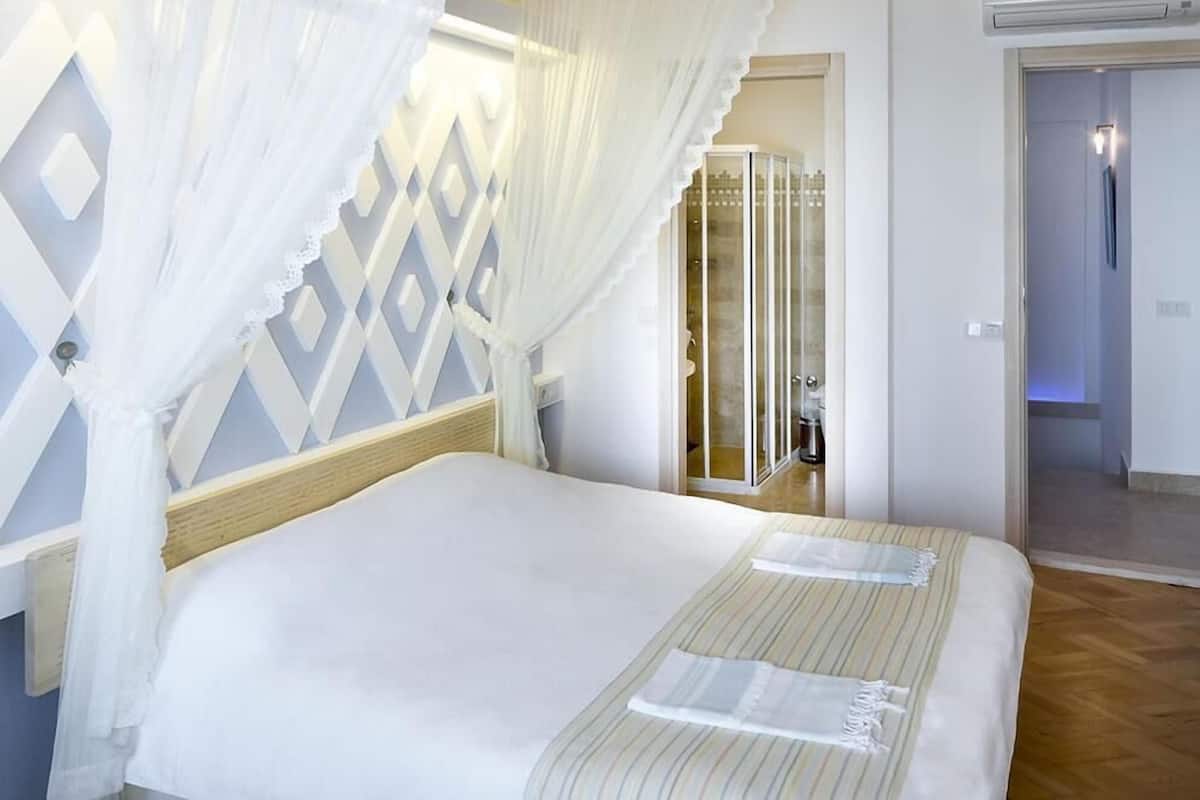 Un dormitorio con cama con dosel, zona de ducha y vistas al exterior.