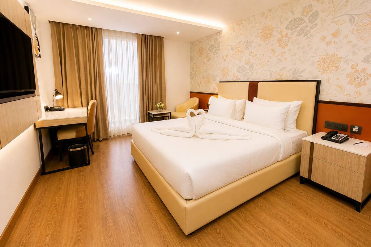 Una habitación de hotel con una cama grande, un escritorio, una silla, una mesita de noche y un teléfono.