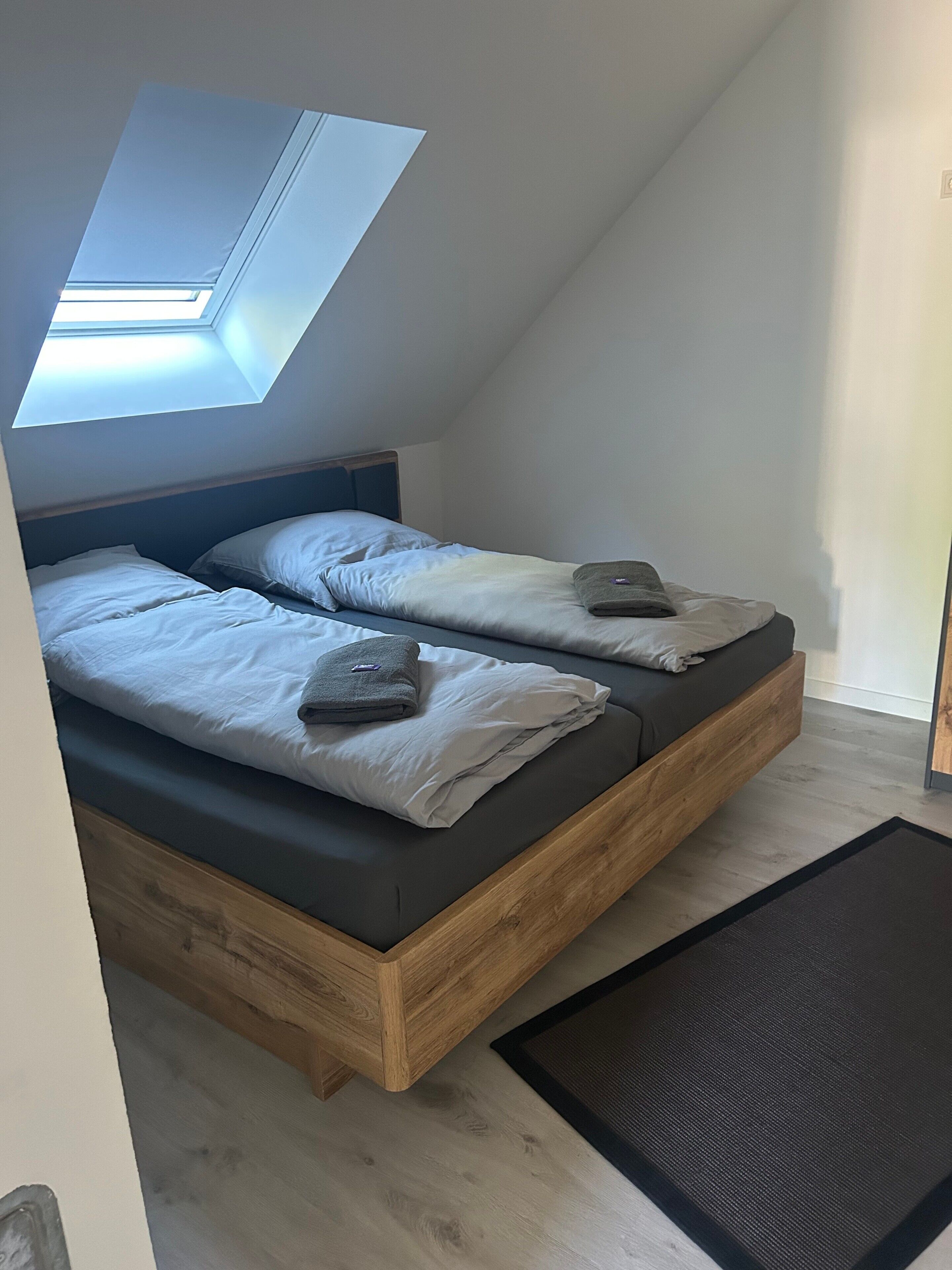 A bedroom with two beds, a skylight, and a black mat.