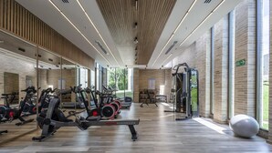 Ein Fitnessstudio mit Cardiogeräten, Kurzhanteln und einer Spiegelwand.