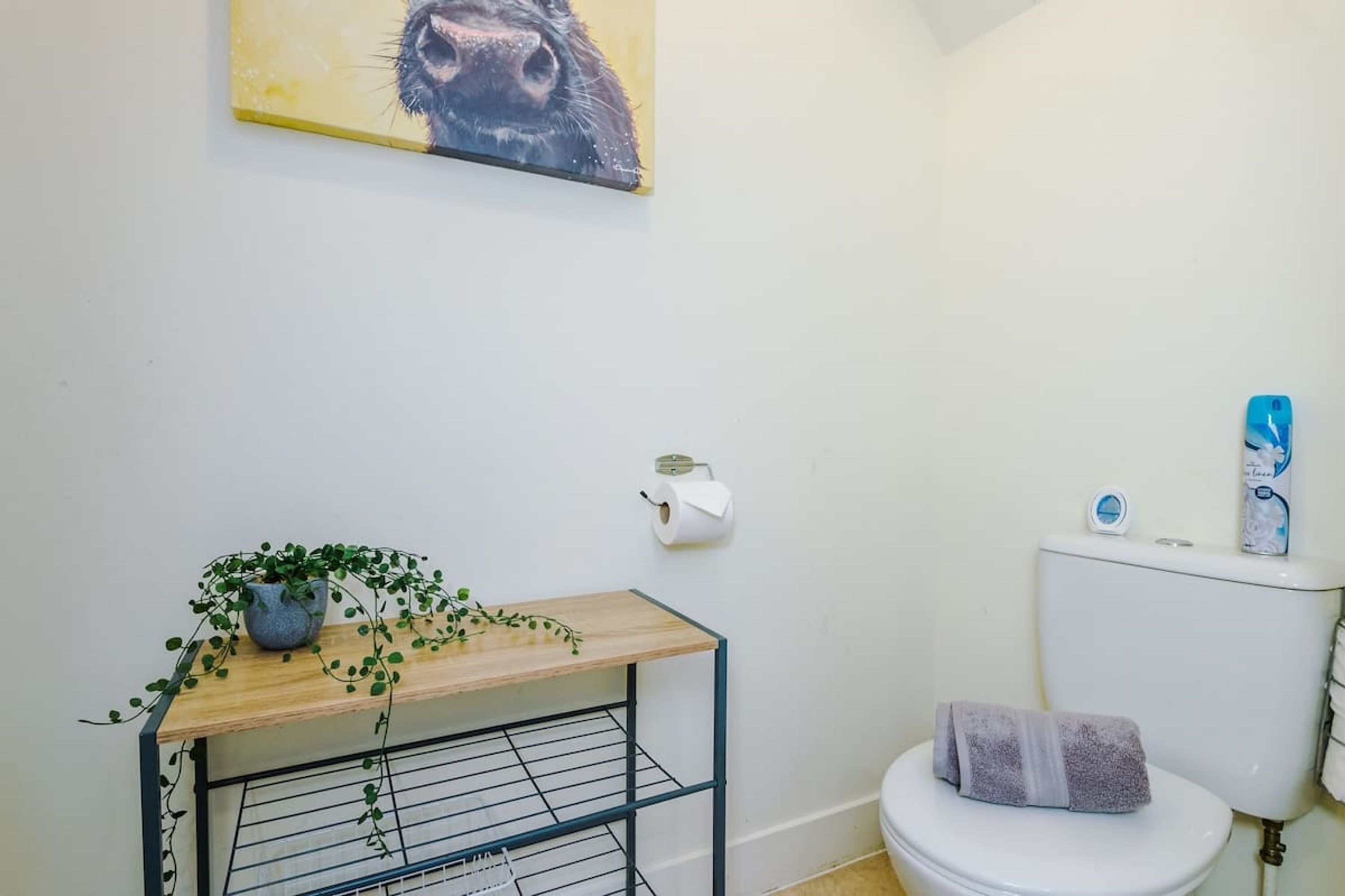 Ein Badezimmer mit Toilette, einer kleinen Ablage mit einer Pflanze, einer Toilettenpapierrolle und einem Bild an der Wand.