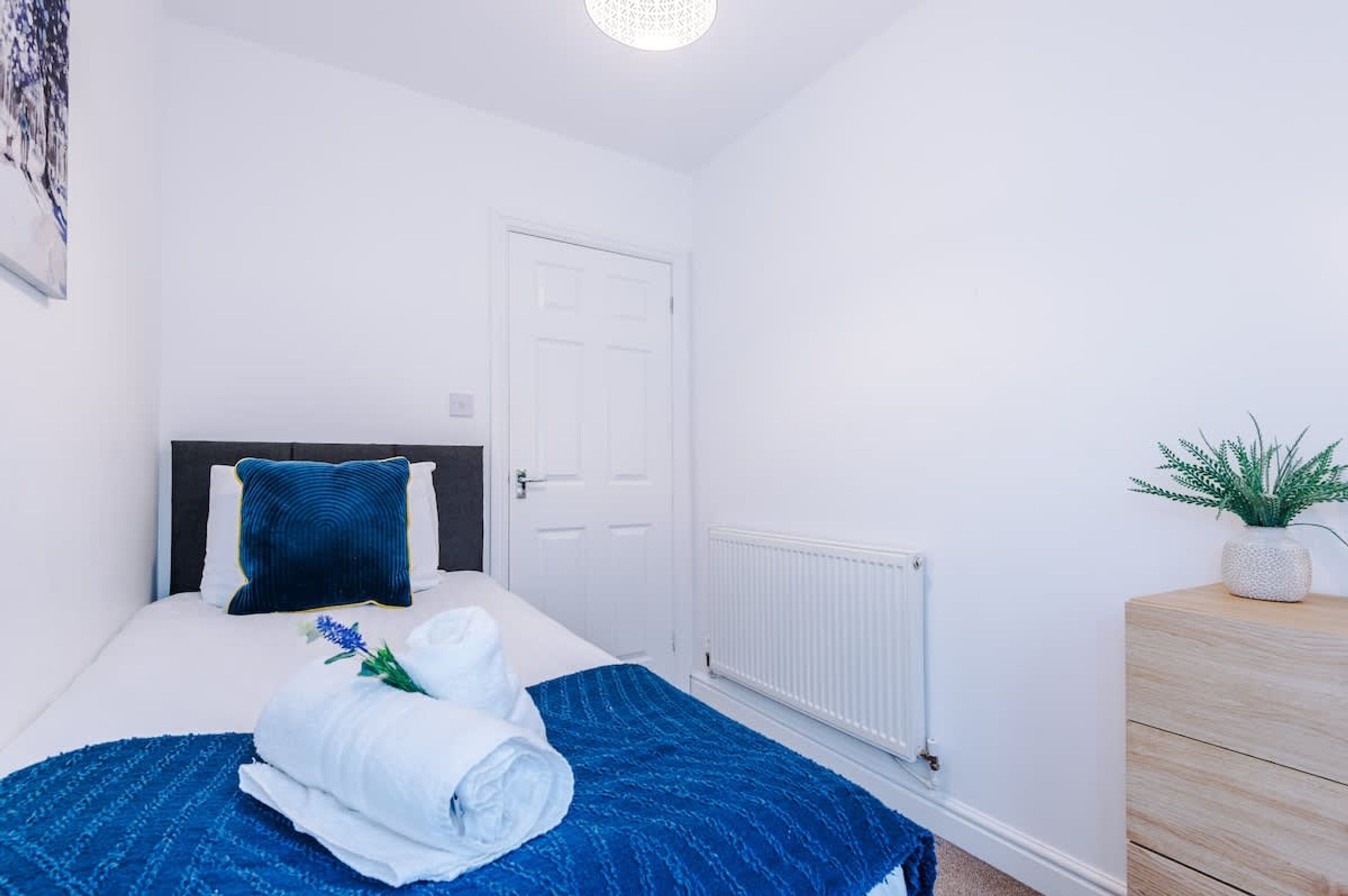Une chambre à coucher avec un lit, une porte blanche, un radiateur et une commode en bois sur laquelle est posée une plante.