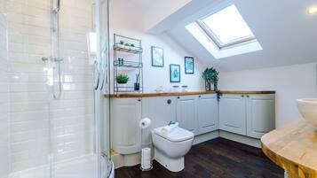 A modern bathroom with a glass shower enclosure, a toilet, a sink, and a skylight.