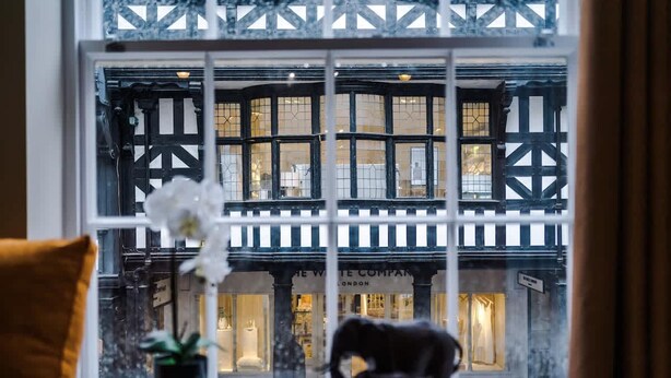 A window with a view of a building with black and white timber framing, a potted plant, and a small elephant figurine on the windowsill. - NEW Stylish 1-bed Flat Great Location Sleeps 4 (Chester)