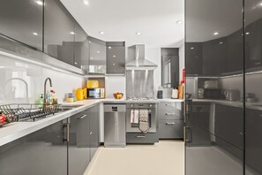 A modern kitchen with stainless steel appliances, a dishwasher, and a microwave. - Chic 2BR Duplex Home W London With Private Patio (London)