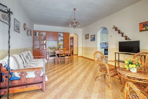 TV connectée, cheminée, livres, chaîne hi-fi
