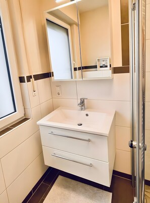 Shower, hair dryer, towels