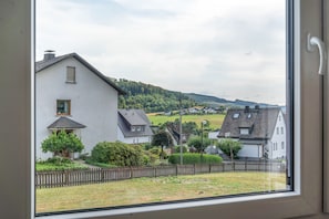 Une vue à travers une fenêtre donnant sur un quartier résidentiel, avec des maisons, une clôture en bois et une colline en arrière-plan.