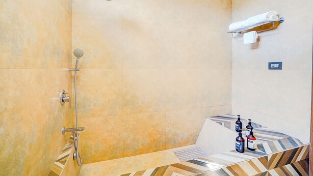 A bathroom with a shower, a towel rack, and toiletries on the counter. - ELIVAAS Villa 39 Serene 6BHK with Pool (Lonavala)