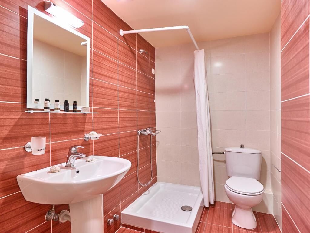 A bathroom with a sink, mirror, shower, and toilet.