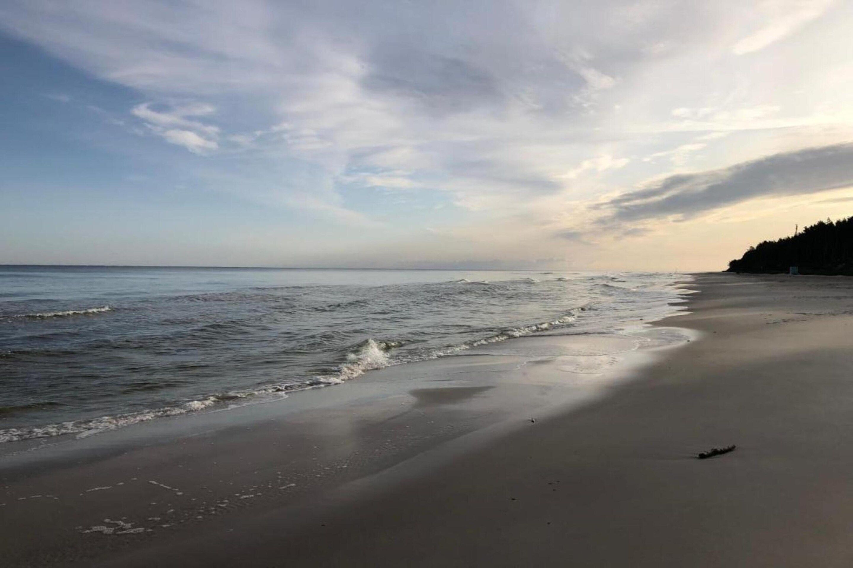 A beach with a sandy shore and waves.