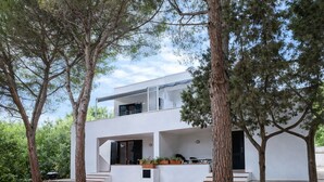 Una moderna casa a due piani con tetto piatto, ampie finestre e un balcone.