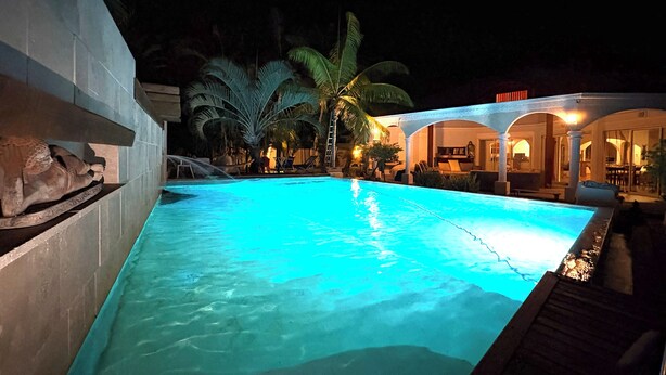 A swimming pool with a stone wall on one side, palm trees, and a covered area with seating. - Luxury villa facing the Etang salé les bains beach (L'Étang-Salé)