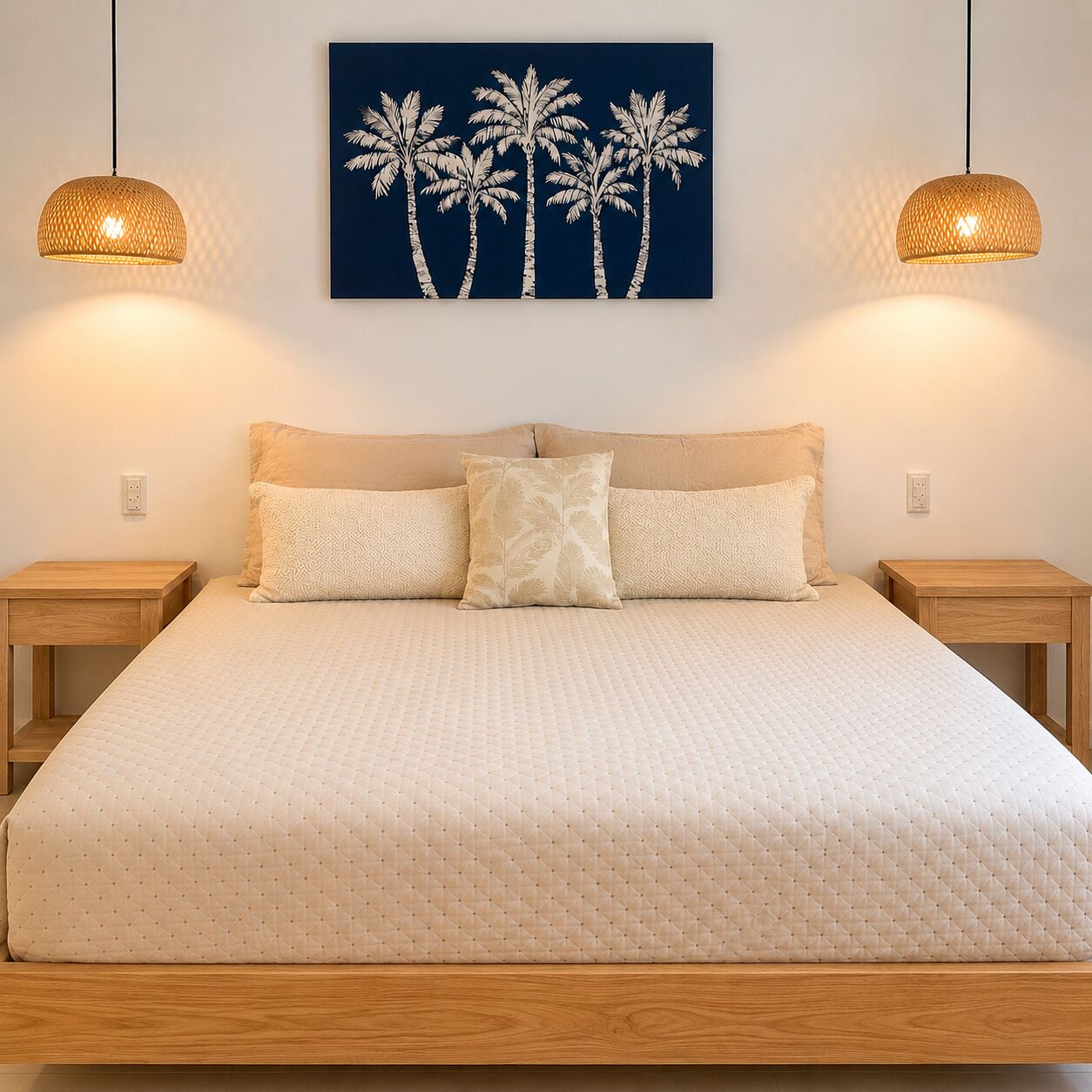 A bedroom with a bed, two nightstands, a wall-mounted artwork of palm trees, and two hanging lamps.