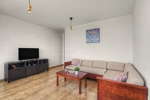Una sala de estar con un sofá, una mesa de centro, un televisor y un cuadro en la pared.