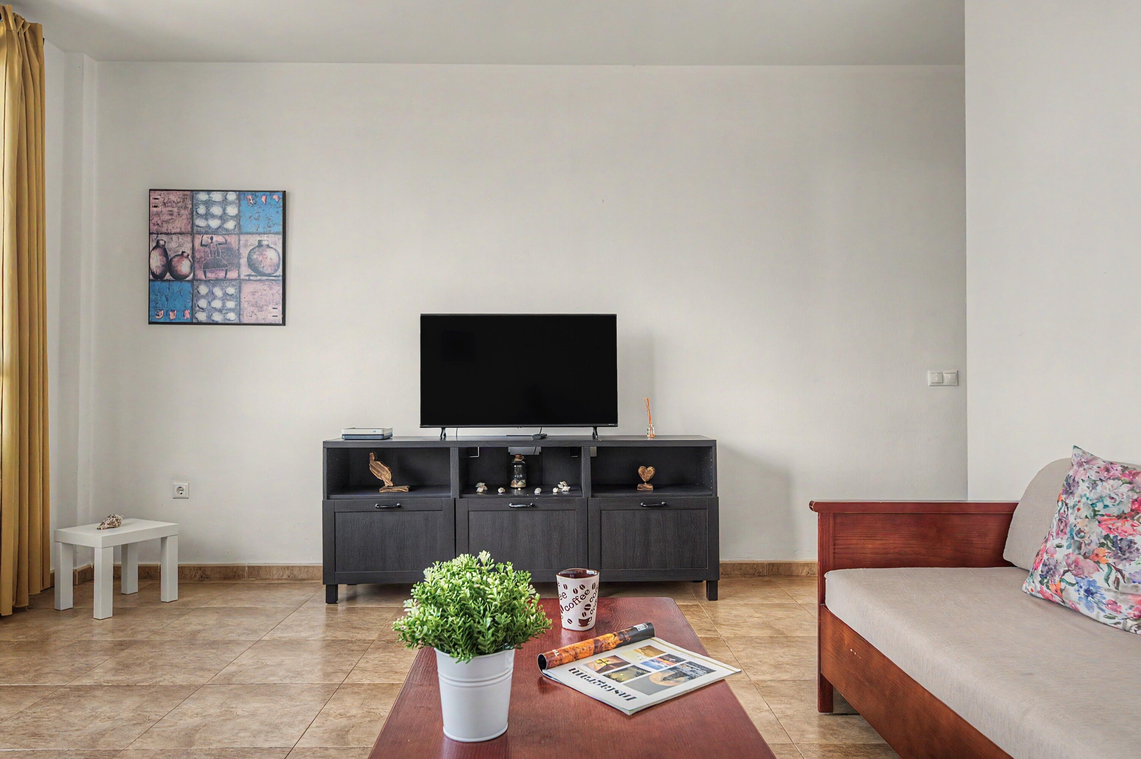 A living room with a flat-screen TV on a dark cabinet, a coffee table with a plant and a magazine, a sofa with a floral pillow, and a small white table with a decorative item.