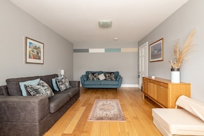 A living room with a grey sofa, teal sofa, wooden cabinet, and a patterned rug.