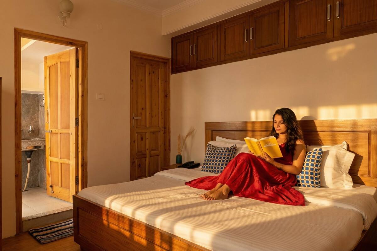 A bedroom with a bed, wooden wardrobe, and a bathroom visible through an open door.