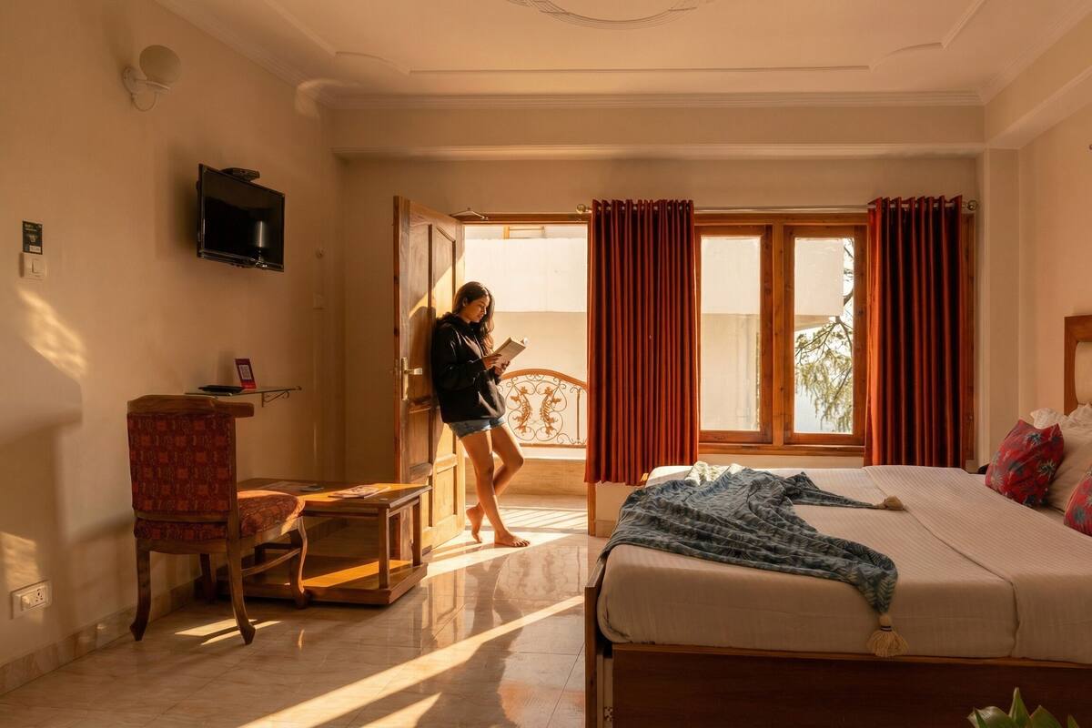 A hotel room with a bed, a desk, a TV, and a window with curtains.