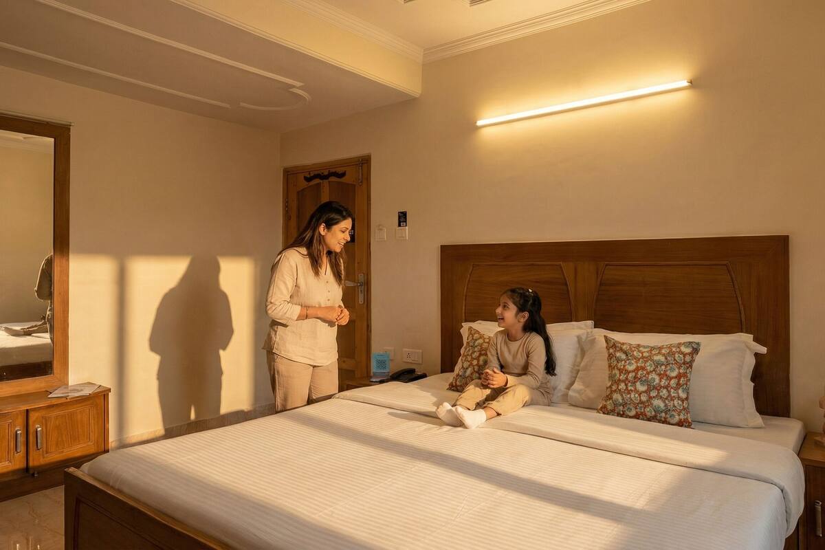 A hotel room with a bed, bedside tables, a mirror, and a nightstand.