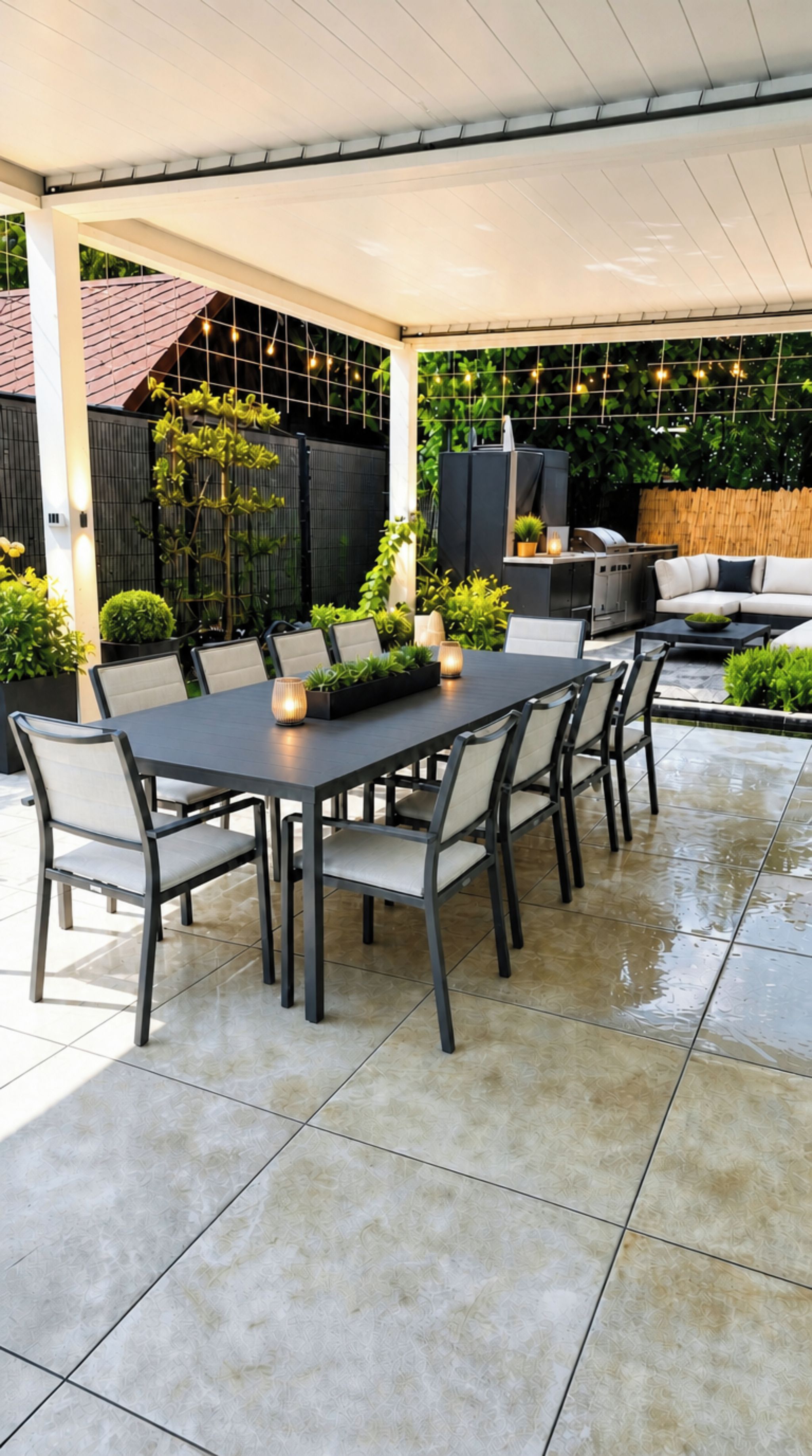 An outdoor patio with a rectangular table and chairs, surrounded by potted plants and a grill.