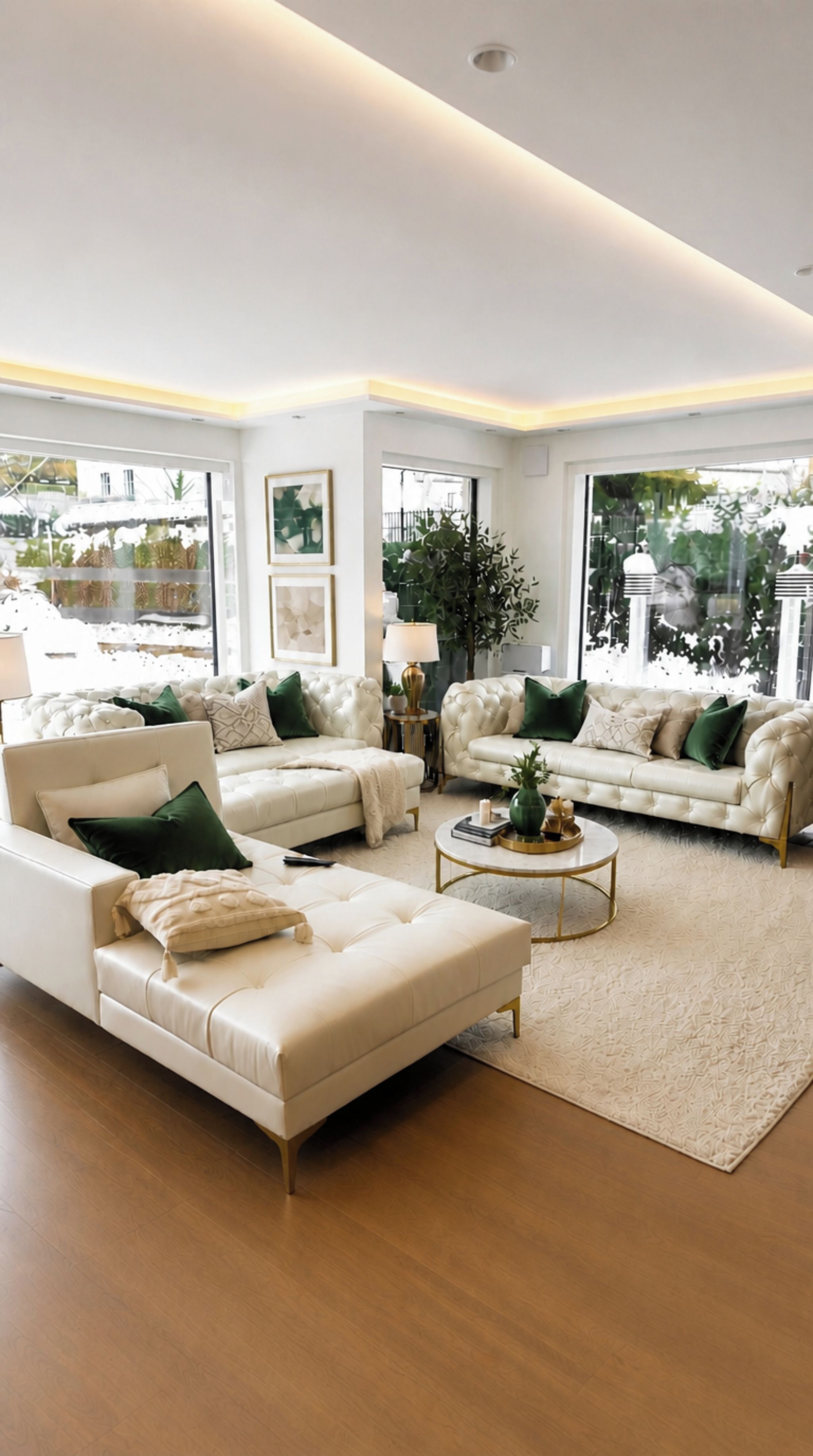 A spacious living room with two white sofas, a coffee table, and a large window providing a view of greenery outside.