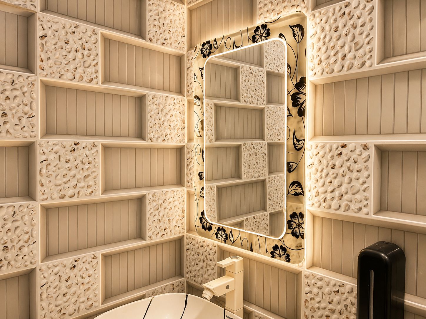 A bathroom with a mirror, shelves, and a towel rack.