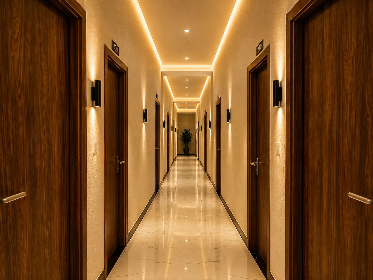 A hotel corridor with wooden doors, numbered room signs, and a polished marble floor.