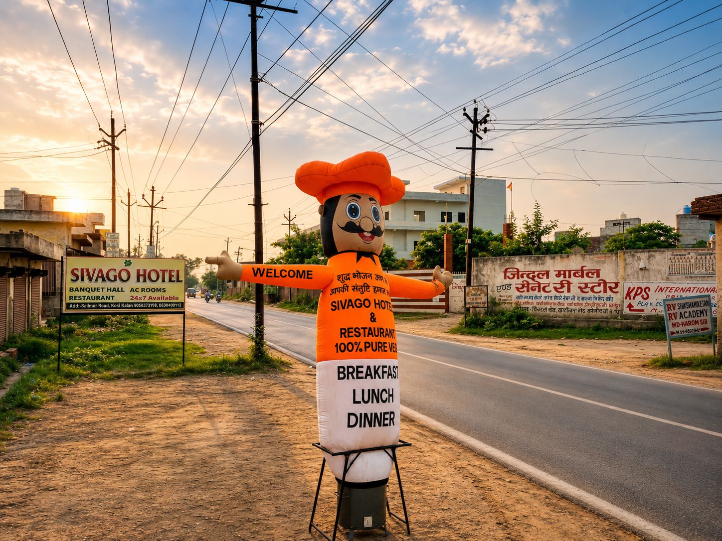 A hotel signboard with a mascot, a road, and surrounding buildings.