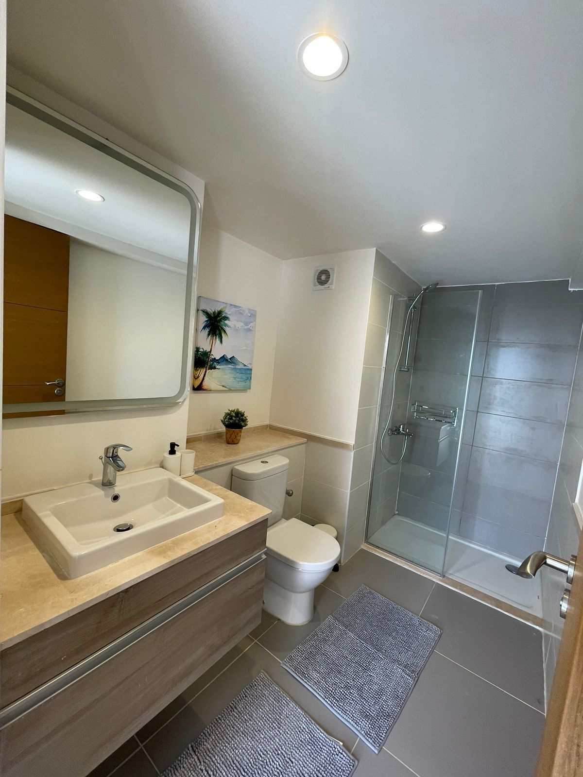 A bathroom with a sink, toilet, shower, and a large mirror.