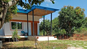 A house with a blue roof, a covered porch, and a garden with a stone pathway. - Alphonso (Shoolagiri)