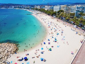 A beach with clear turquoise water, a rocky shoreline, and a promenade lined with buildings and palm trees. - 1 Bedroom close to Palais des Festivals Cannes (Cannes)