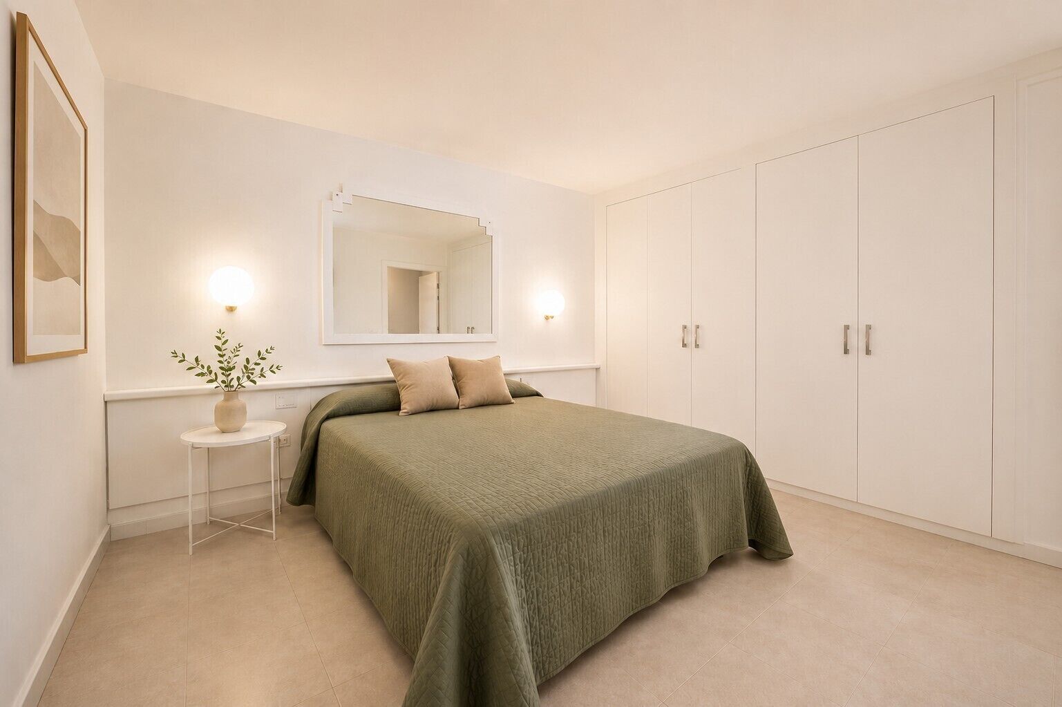 Un dormitorio con cama, una mesita de noche con una planta, un espejo y un armario.
