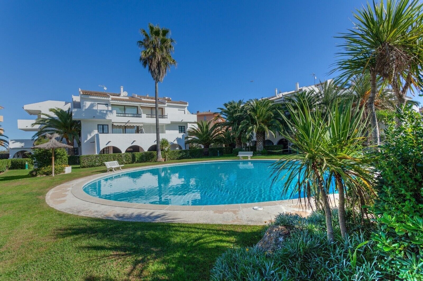 A swimming pool surrounded by lush greenery and a multi-story building with balconies.