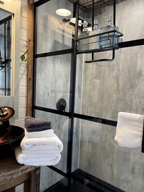 Hair dryer, towels, soap, shampoo