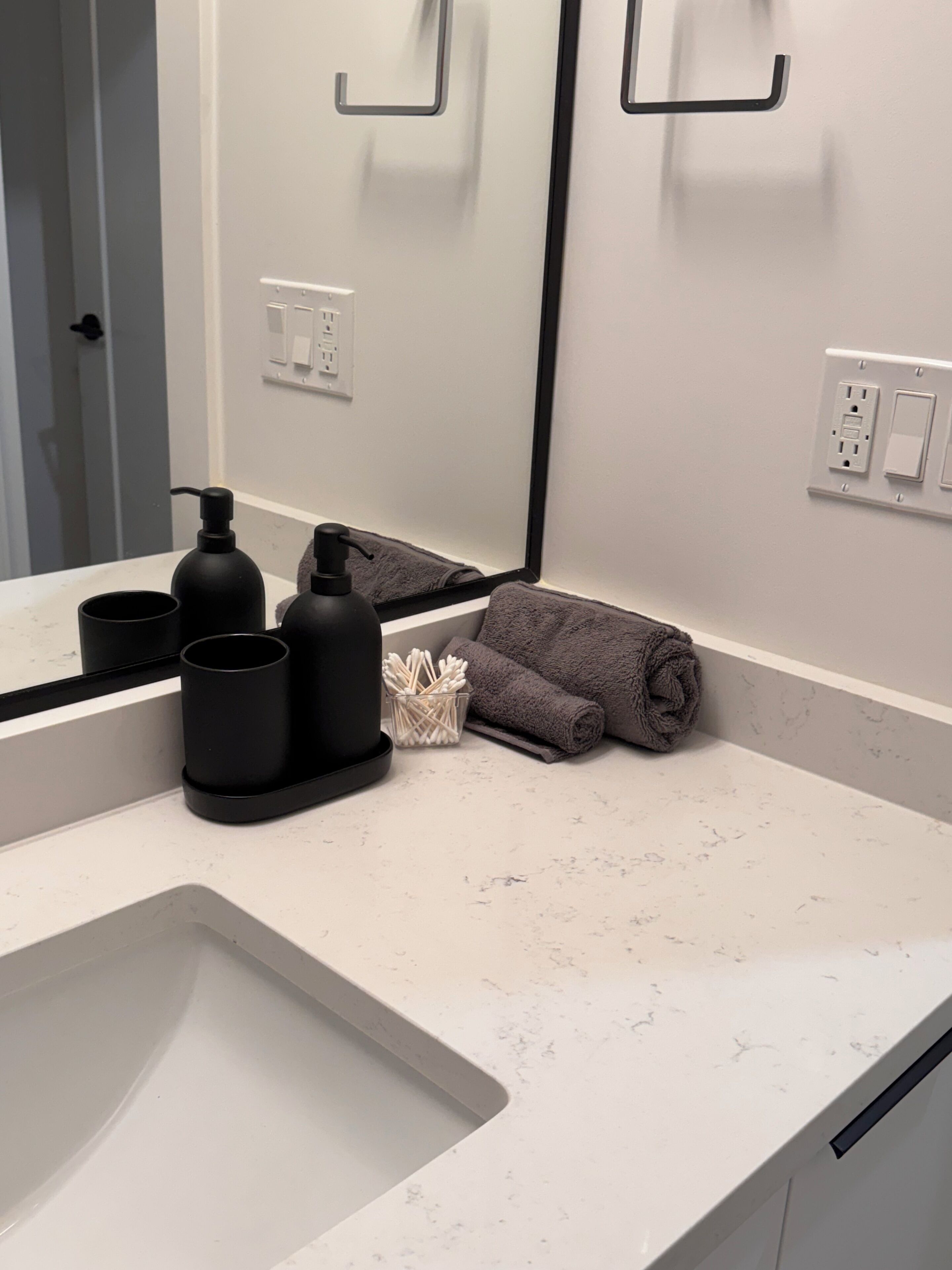 Hair dryer, towels, soap, toilet paper