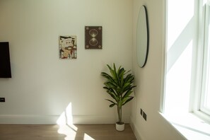 A room with a potted plant, a wall-mounted mirror, and two framed artworks. - Pembridge Residences - Flat 3 (London)