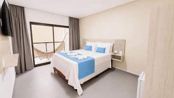 A hotel room with a bed, a nightstand, a TV, a window with curtains, and a hammock.
