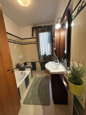 Een douche, een haardroger, een bidet, handdoeken