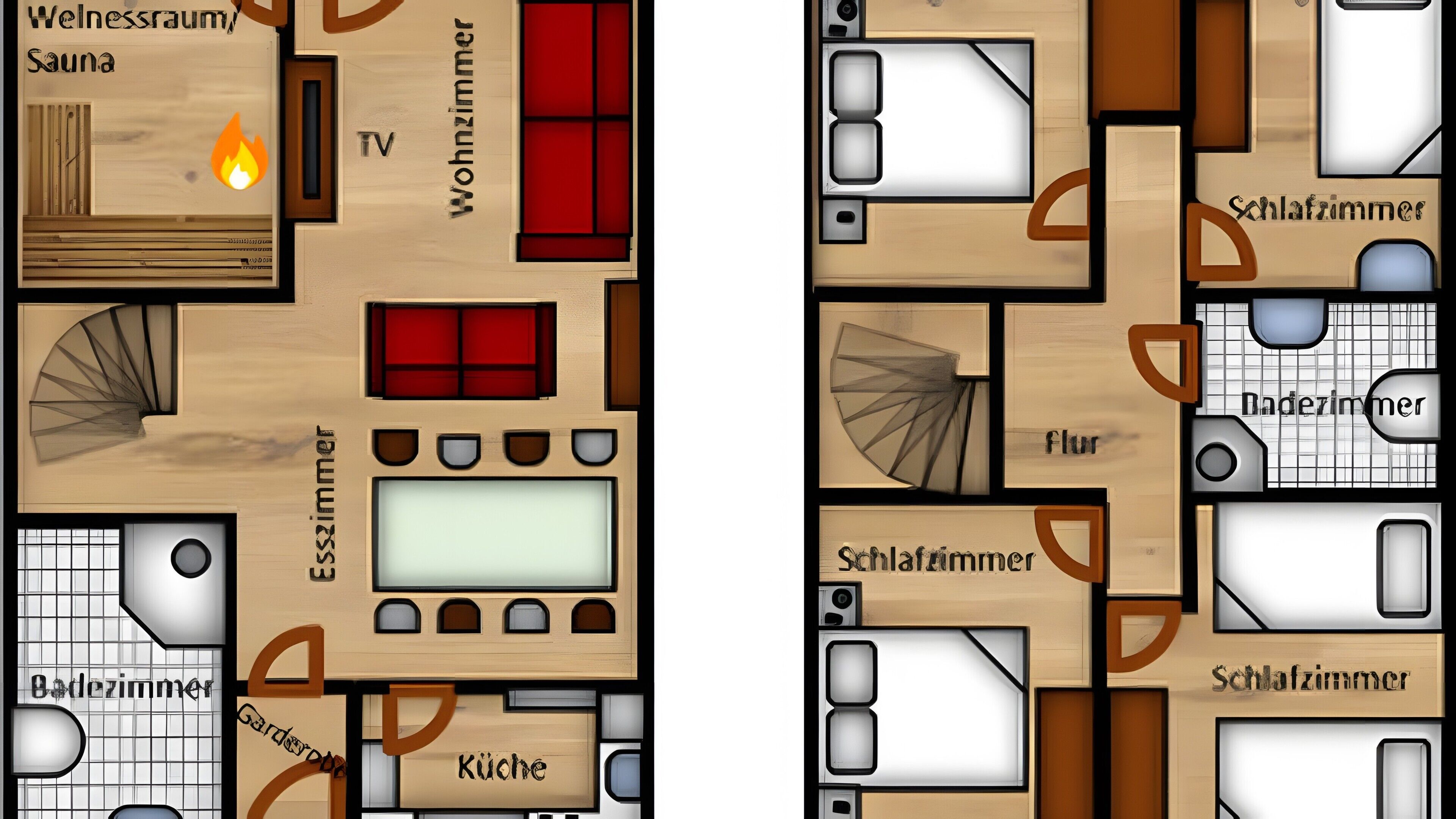 Een hotelplattegrond met een sauna, televisie, woonkamer, keuken en een tuinkamer.