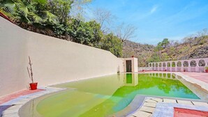 A swimming pool with a curved edge, surrounded by a low wall and potted plants. - Classic Kumbhal Castle (Kumbhalgarh)