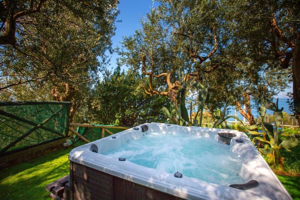Ein Whirlpool in einem Garten mit Bäumen und einer Hecke.