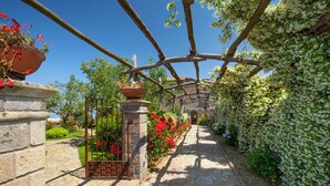 Ein Steinweg führt durch einen Garten mit einer Pergola, umgeben von blühenden Pflanzen und blauem Himmel.