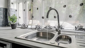 Een keuken met een roestvrijstalen spoelbak, een potplant en een raam met uitzicht op bomen.